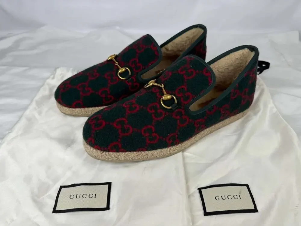 Gucci Fria Horsebit GG Monogram Logo Wool Slip On Loafers US 12.5 SPB-TS 371579